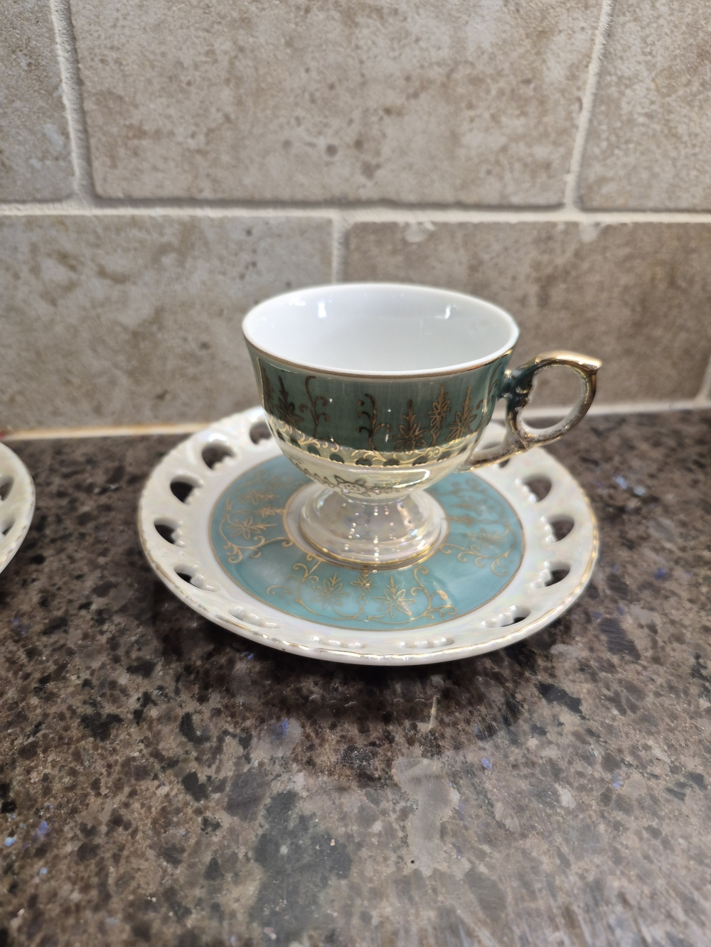 Vintage‎ Porcelain Japan Blue Green TEA CUP & SAUCER RETICULATED Demitasse Set